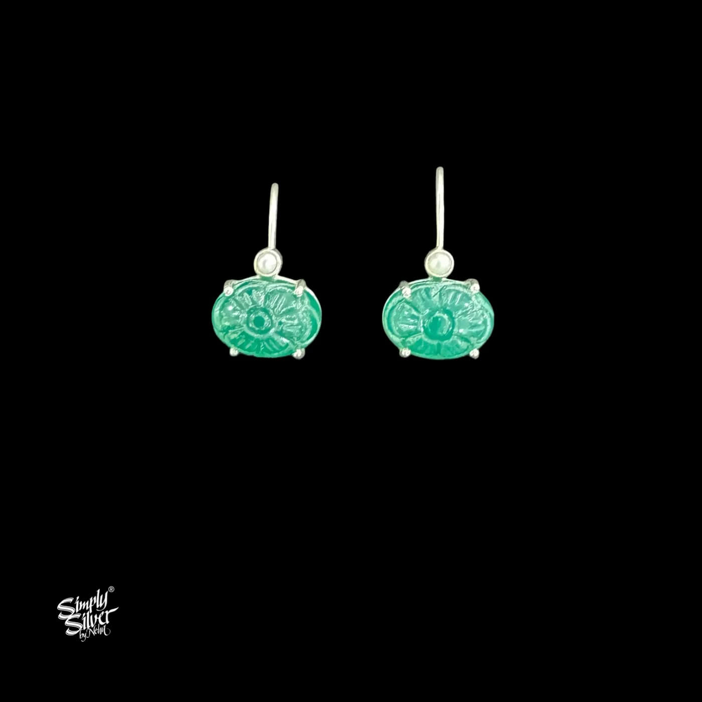 Silver Hooks with Pearl & Green Onyx Stone-1