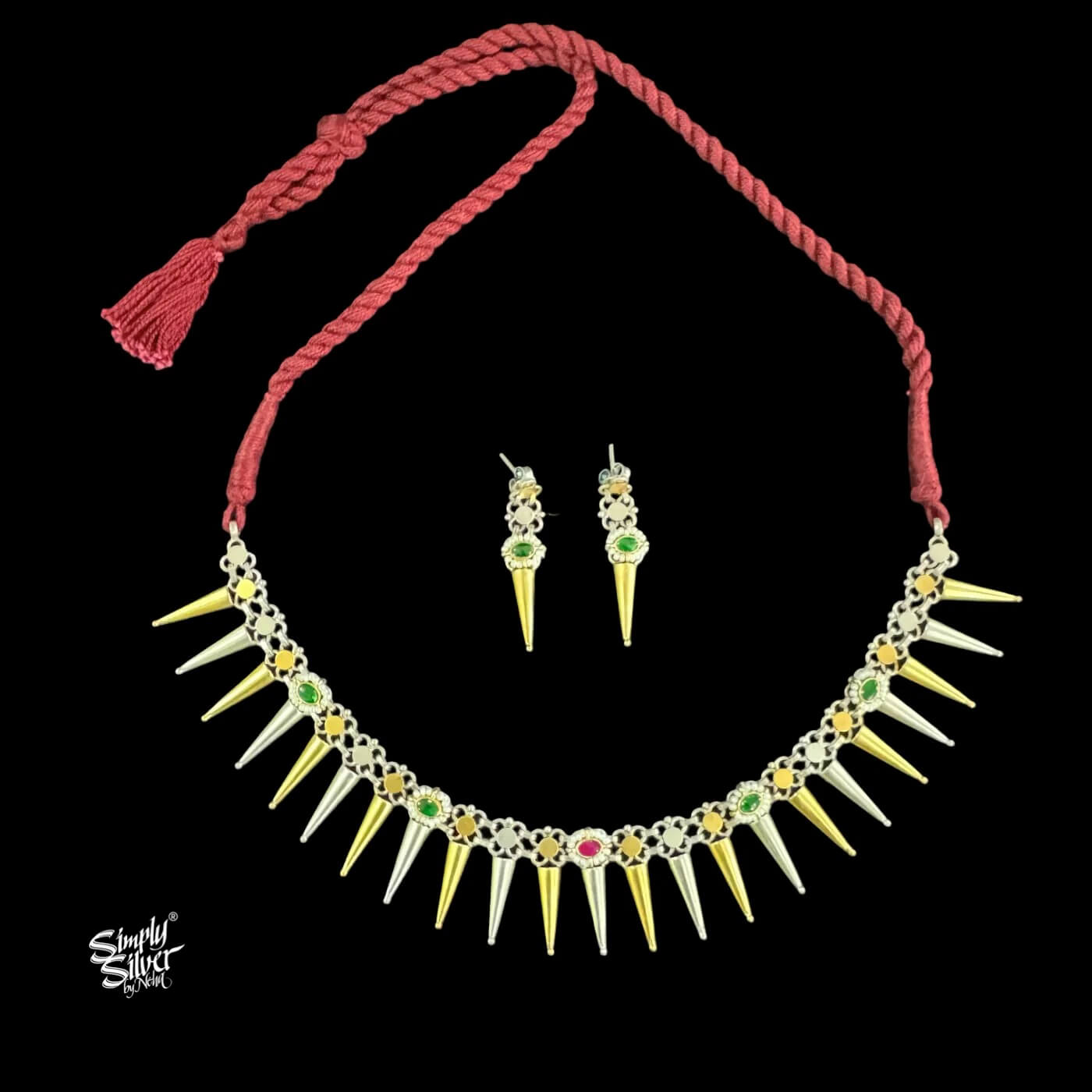 Silver Dual Tone Conical Choker Earrings Set with Pearls, Red & Green Kundan-1
