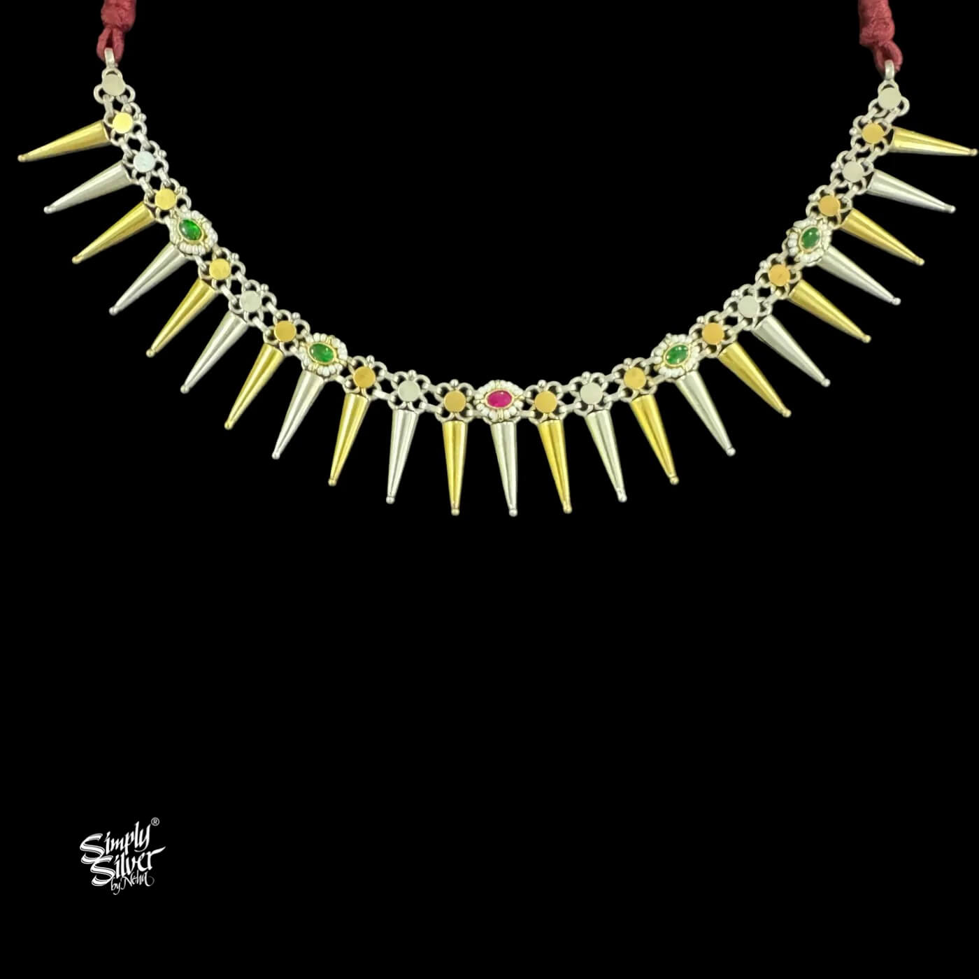 Silver Dual Tone Conical Choker Earrings Set with Pearls, Red & Green Kundan-2
