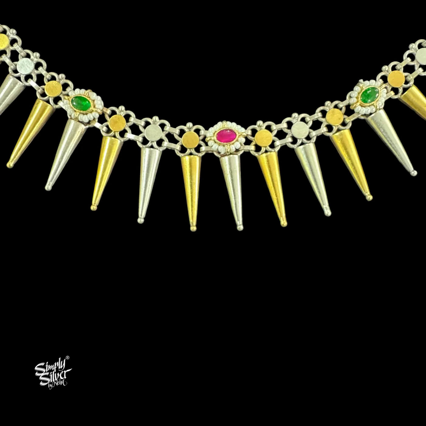Silver Dual Tone Conical Choker Earrings Set with Pearls, Red & Green Kundan-3
