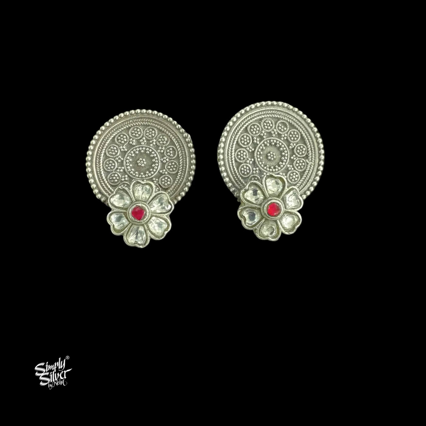 Silver Round Floral with Pink & White Kundan Flower-1