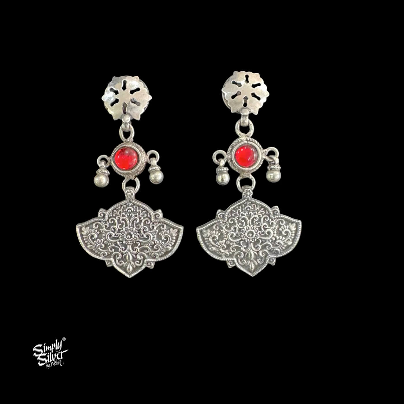 Silver Jaali Flower with Ghungroos Red Stone & Floral Danglers-1