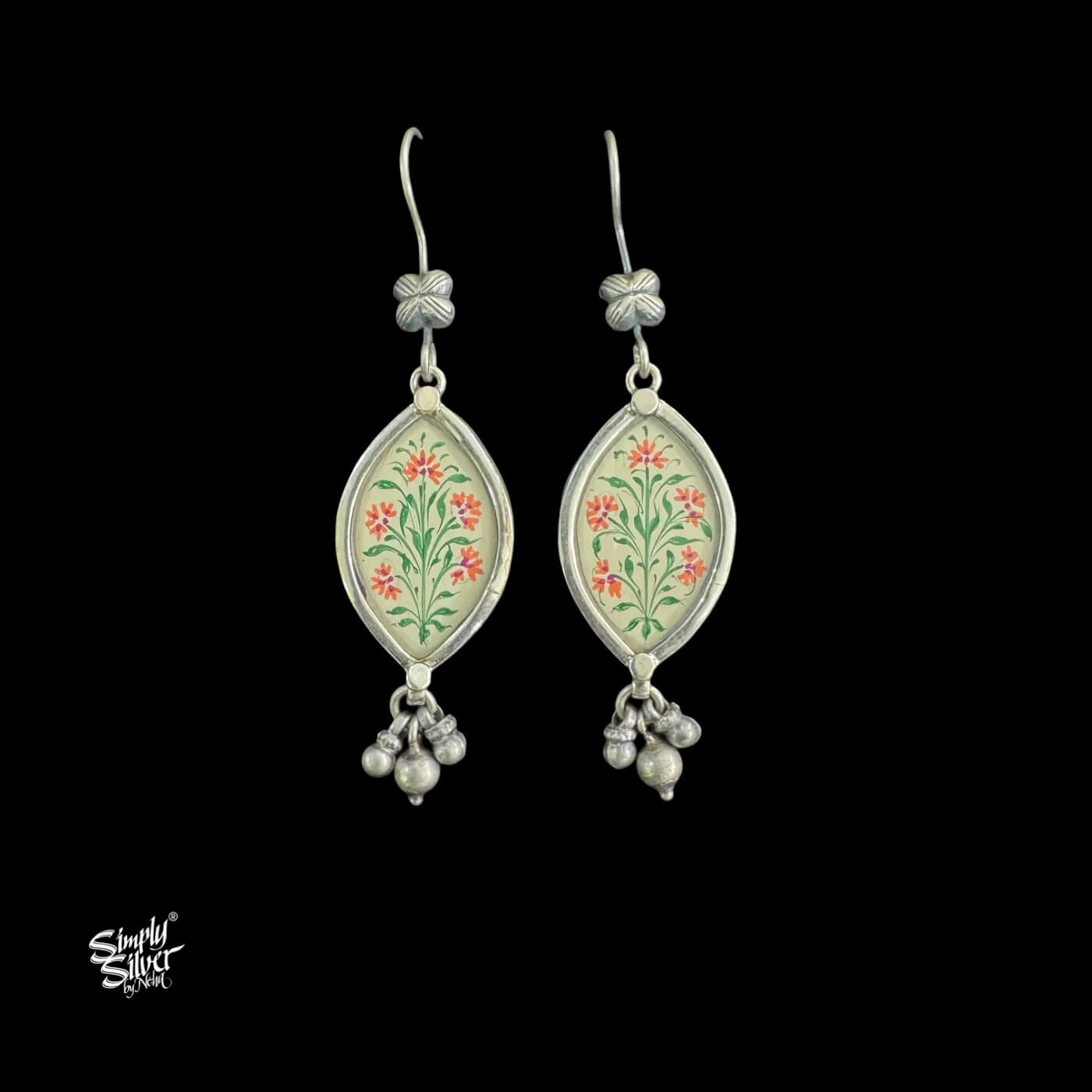 Silver Flower with Oval Cream Color Hand Painted Glass & Ghungroos-1