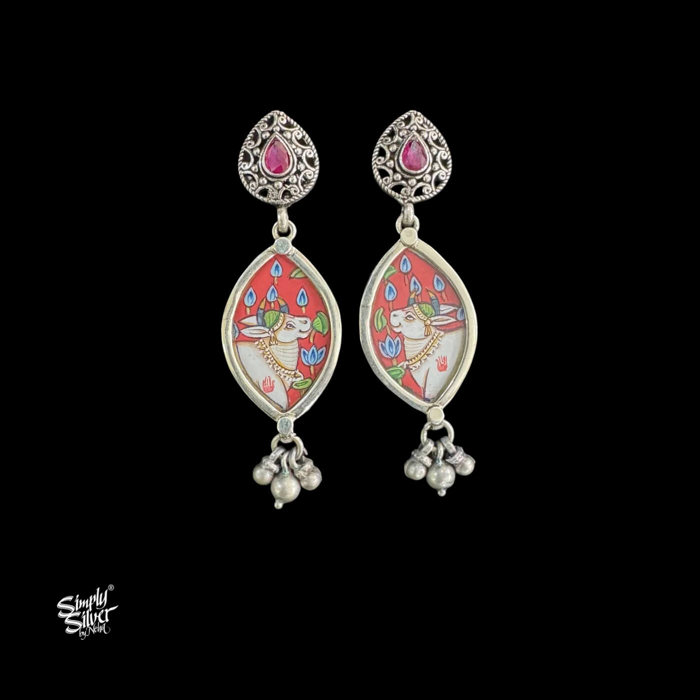 Silver Jaali Pink Stone with Oval Nandi Ji Hand Painted Glass & Ghungroos-1