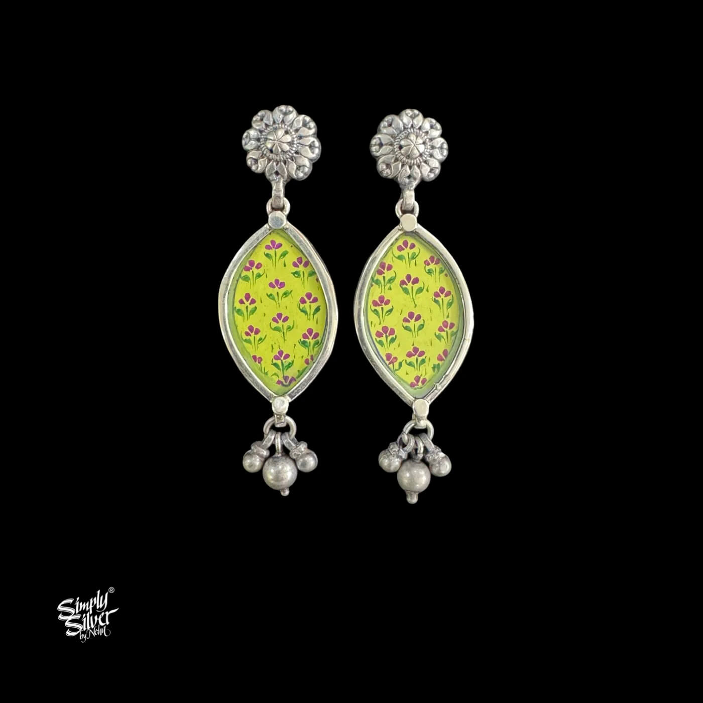 Silver Flower with Oval Mint Green Hand Painted Glass & Ghungroos-1