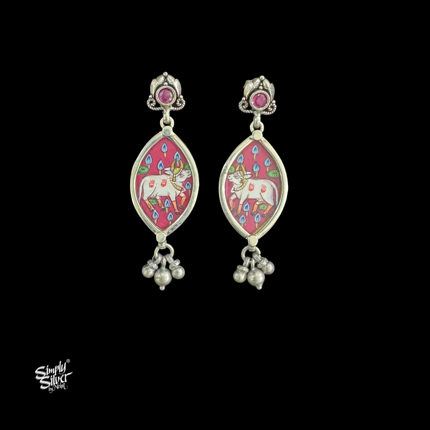 Silver Pink Stone Studs with Oval Nandi Ji Hand Painted  Glass & Ghungroos-1