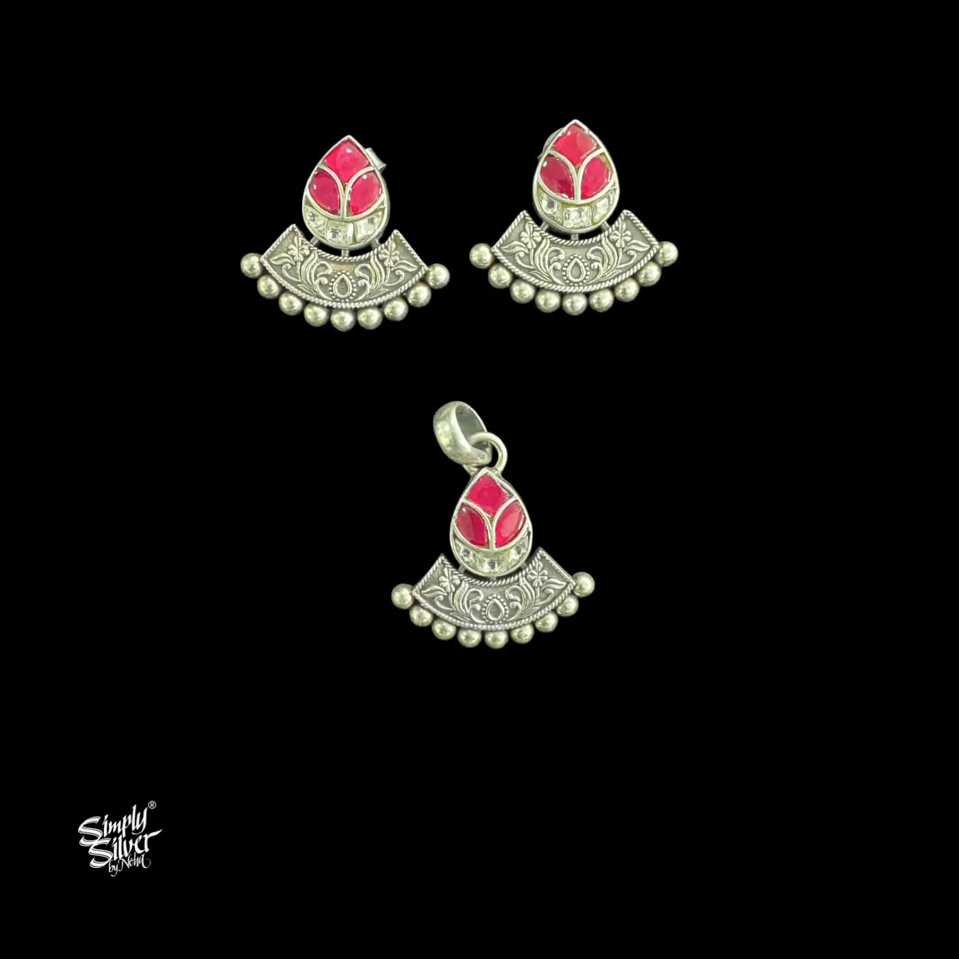 Silver Pink & White Kundan Flower Pendant with Earrings Set-1