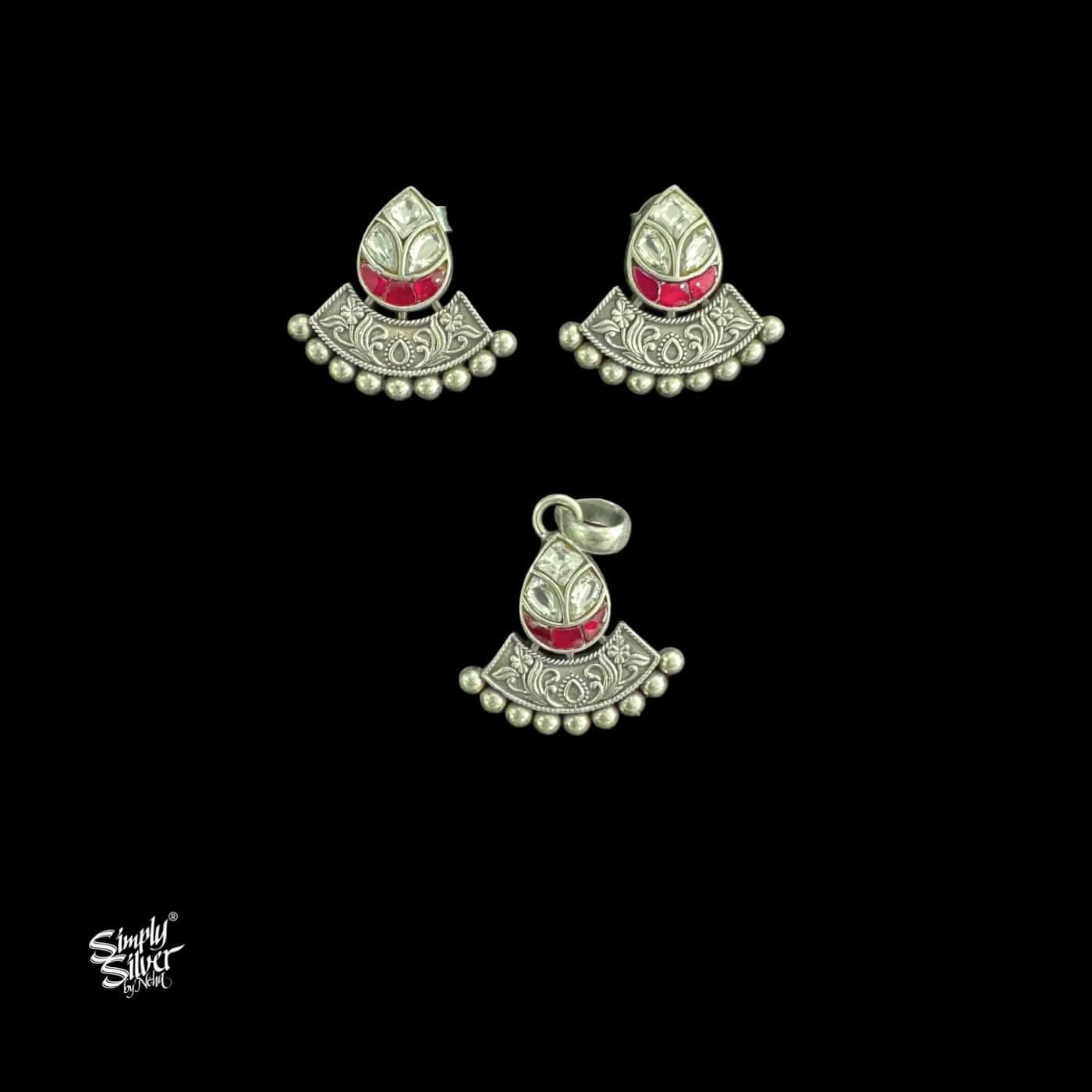Silver White & Pink Kundan Flower Pendant with Earrings Set-1