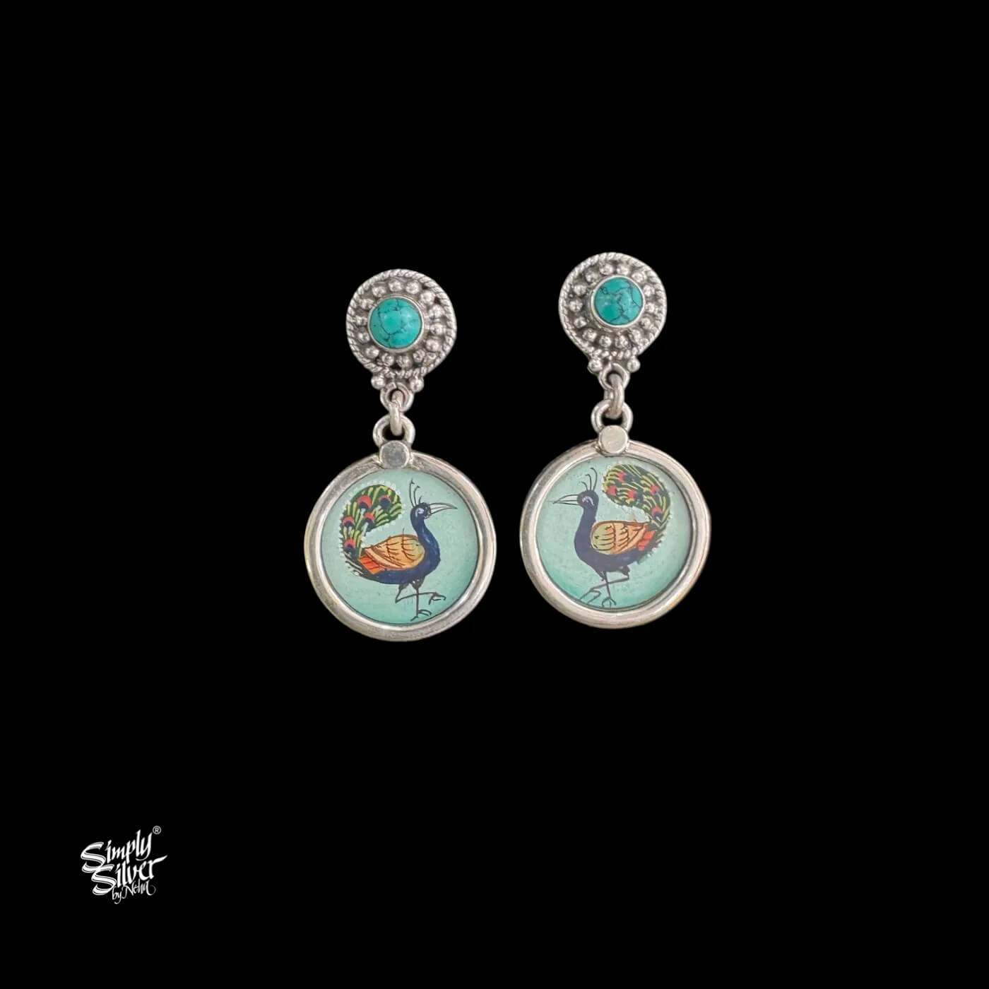 Silver Turquoise Stone with Round Hand Painted Peacock Glass-1