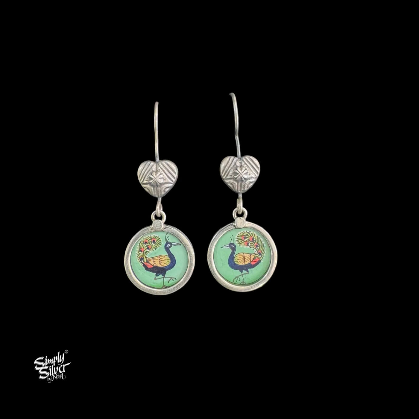 Silver Floral Heart with Round Hand Painted Peacock Glass-1