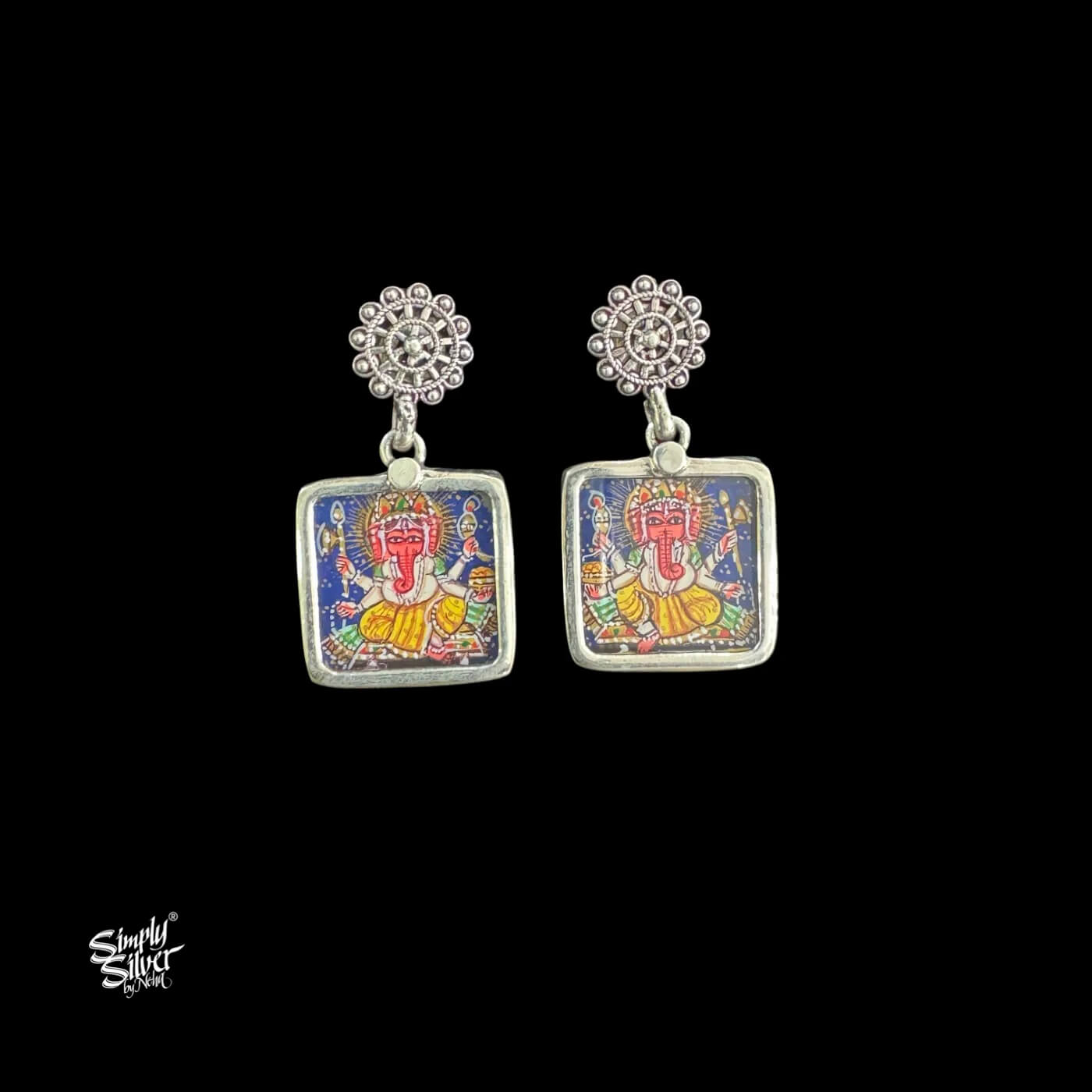Silver Jaali Flower with Square Hand Painted Ganesh Ji Glass-1