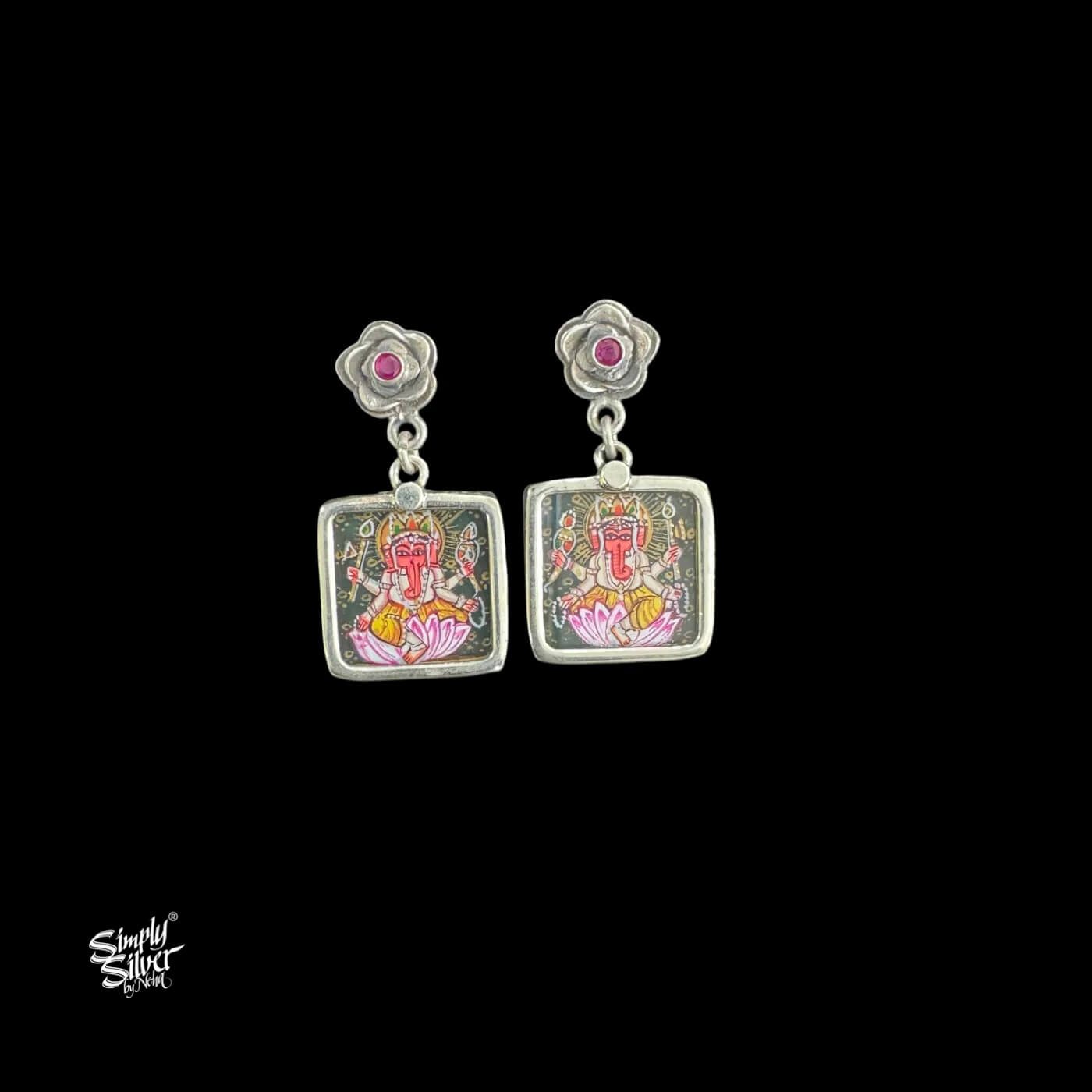 Silver Rose Flower & Pink Stone with Sqaure Hand Painted Ganesh Ji Glass-1