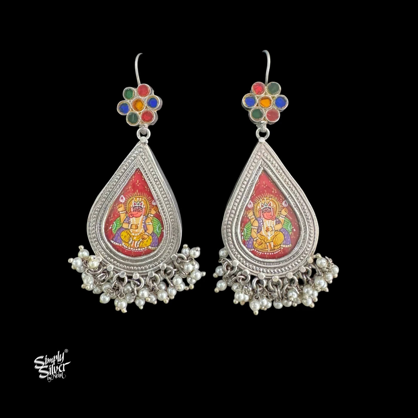 Silver Multi Color Glass Flower Hooks with Hand Painted Ganesh Ji & Pearls Earring-1