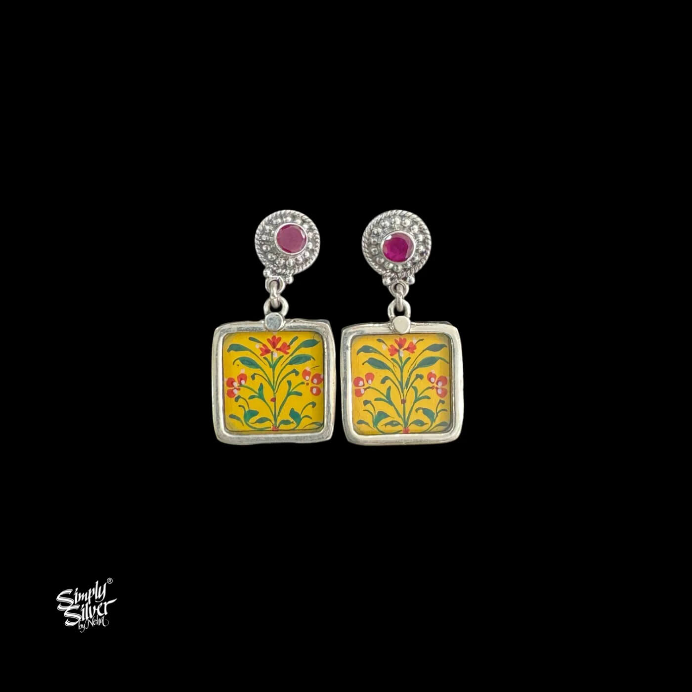 Silver Pink Stone with Sqaure Hand Painted Yellow Glass-1