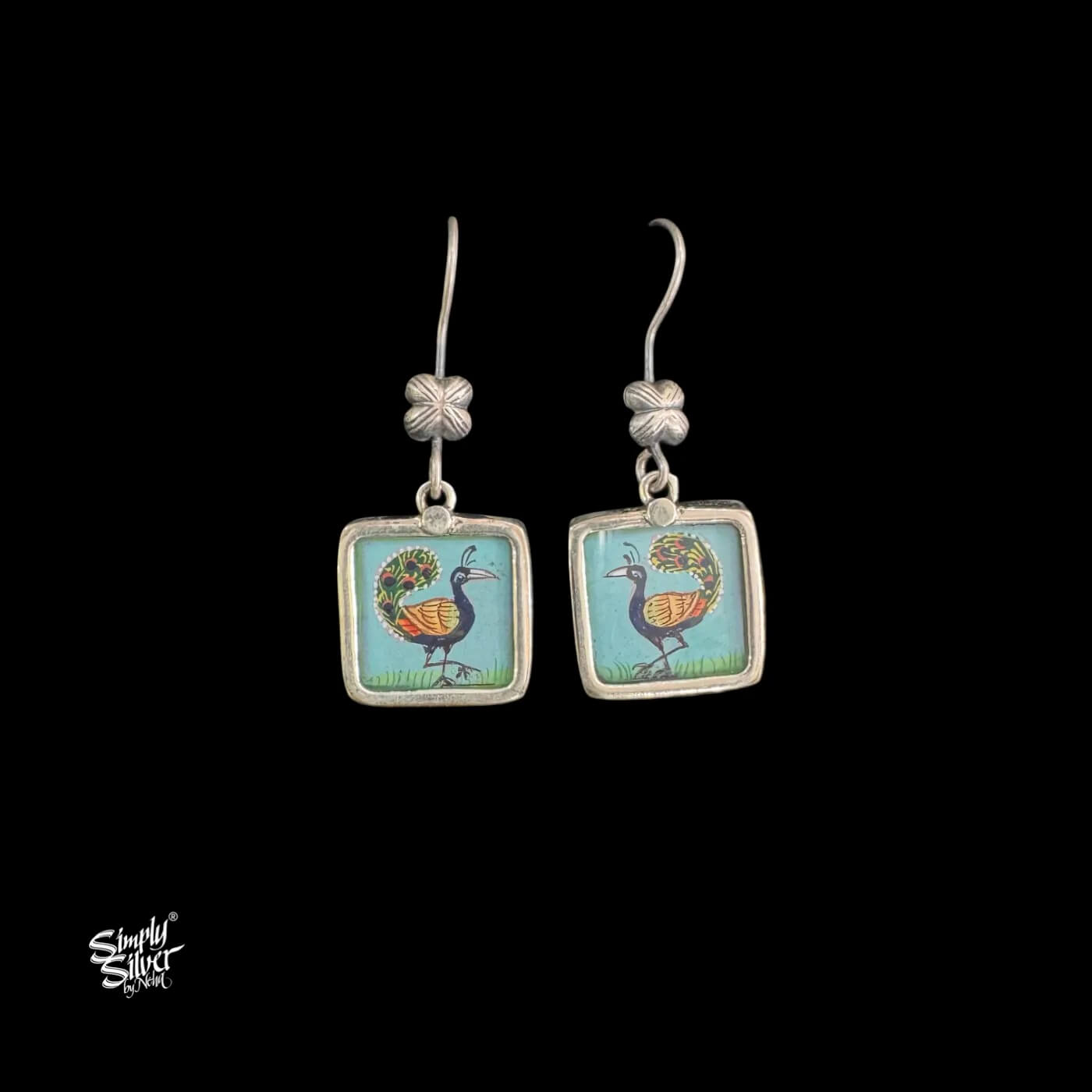 Silver Flower Hooks with Square Hand Painted Peacock Glass-1