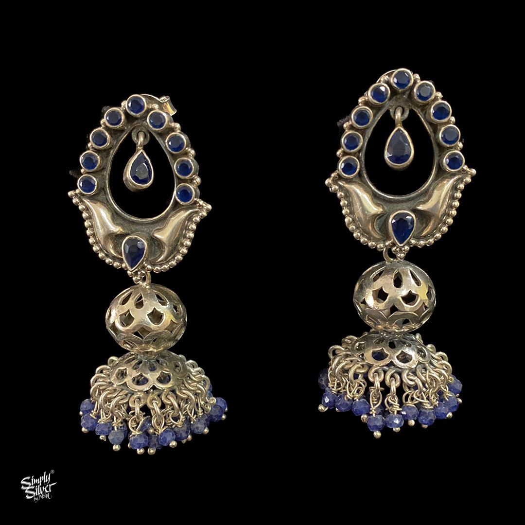 Silver Blue Stone Floral Jhumkis  Silver Palace