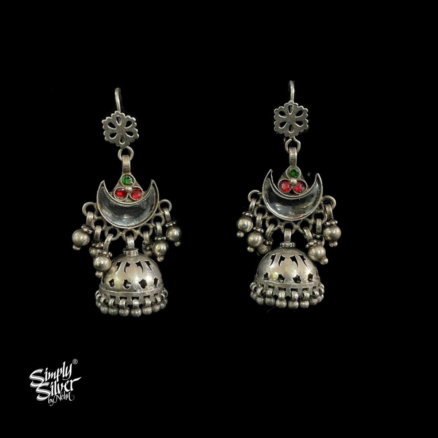 Silver Ghungroos & Jaali Jhumka with Mirror Glass Chaand and Multi ...